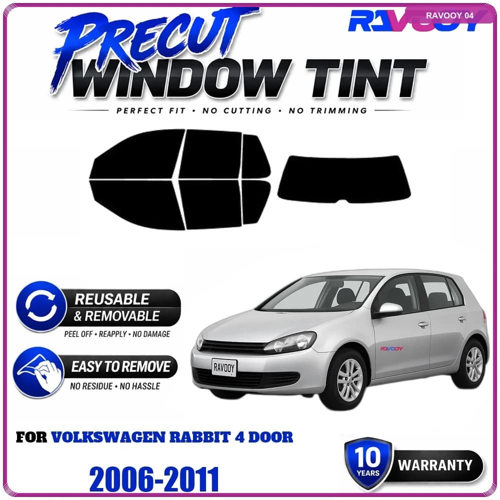 RAVOOY Precut Window Tint, Reusable Removable EPU Film, Custom Fit for Vw Rabbit 4 Door 2006-2011, UV Heat Protection