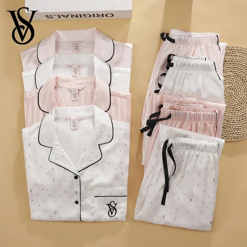 Victoria's Secret Womens Silk Satin Pajamas Set Short Sleeve Shorts Sleepwear Loungewear Soft Breathable Button Down Pyjama Suit