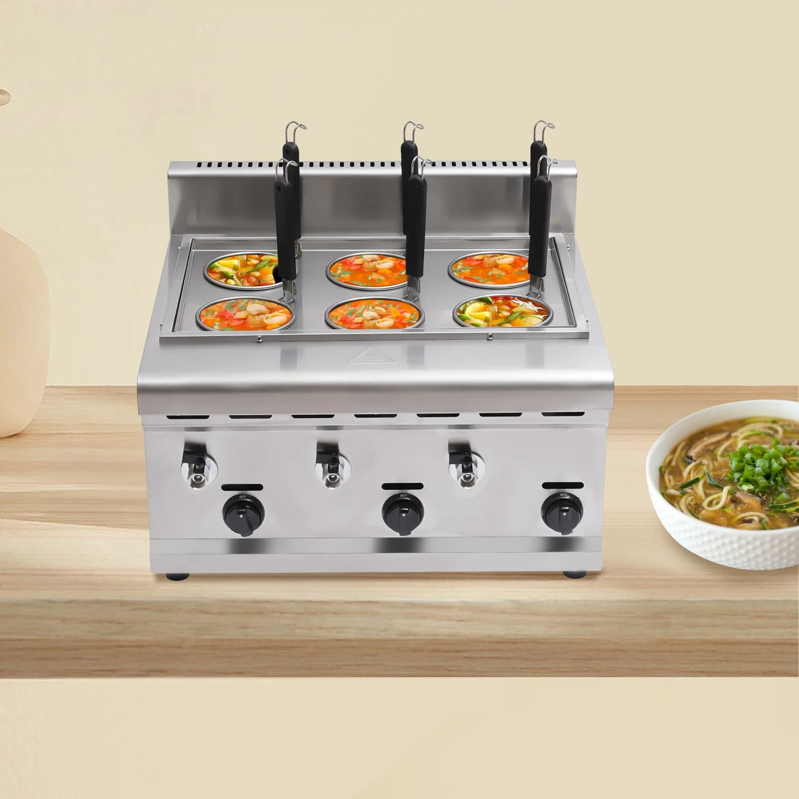 Macchina per cuocere la pasta a 6 fori con filtri a rete in acciaio inossidabile, alimentata a gas GPL, 3 manopole a gas, ideale per uso commerciale e domestico