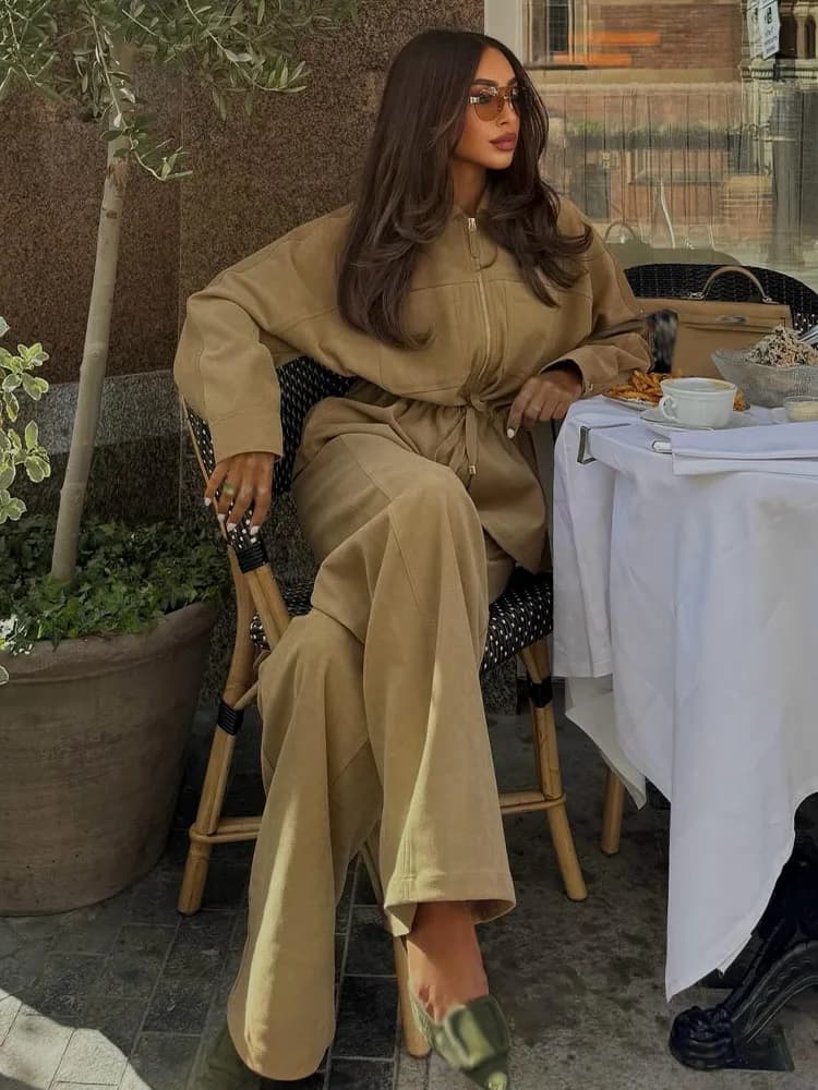 HH Cappotto da donna con cerniera a maniche lunghe con cintura tascabile + coulisse chic a vita alta elastico in vita pantaloni a gamba larga autunno set da 2 pezzi