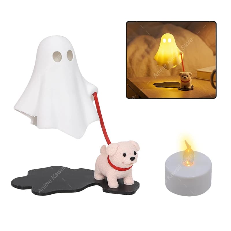3D Printed Ghost With Dog Ornaments Figurine Cute Cartoon Dog Statue Creative Lamp Bedside Decor Night Light Birthday Gift