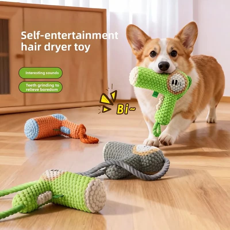 Hair dryer-shaped dog sound toy, chew toy for pets, boredom buster for solo play, dog training toy
