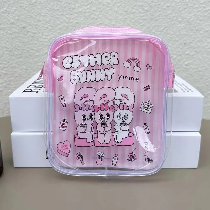 Cute Esther Bunny Transparent Makeup Bag Pink Stripes Pvc Cosmetics Storage Bag Go Out Travel Portable Toiletry Bag Friend Gift