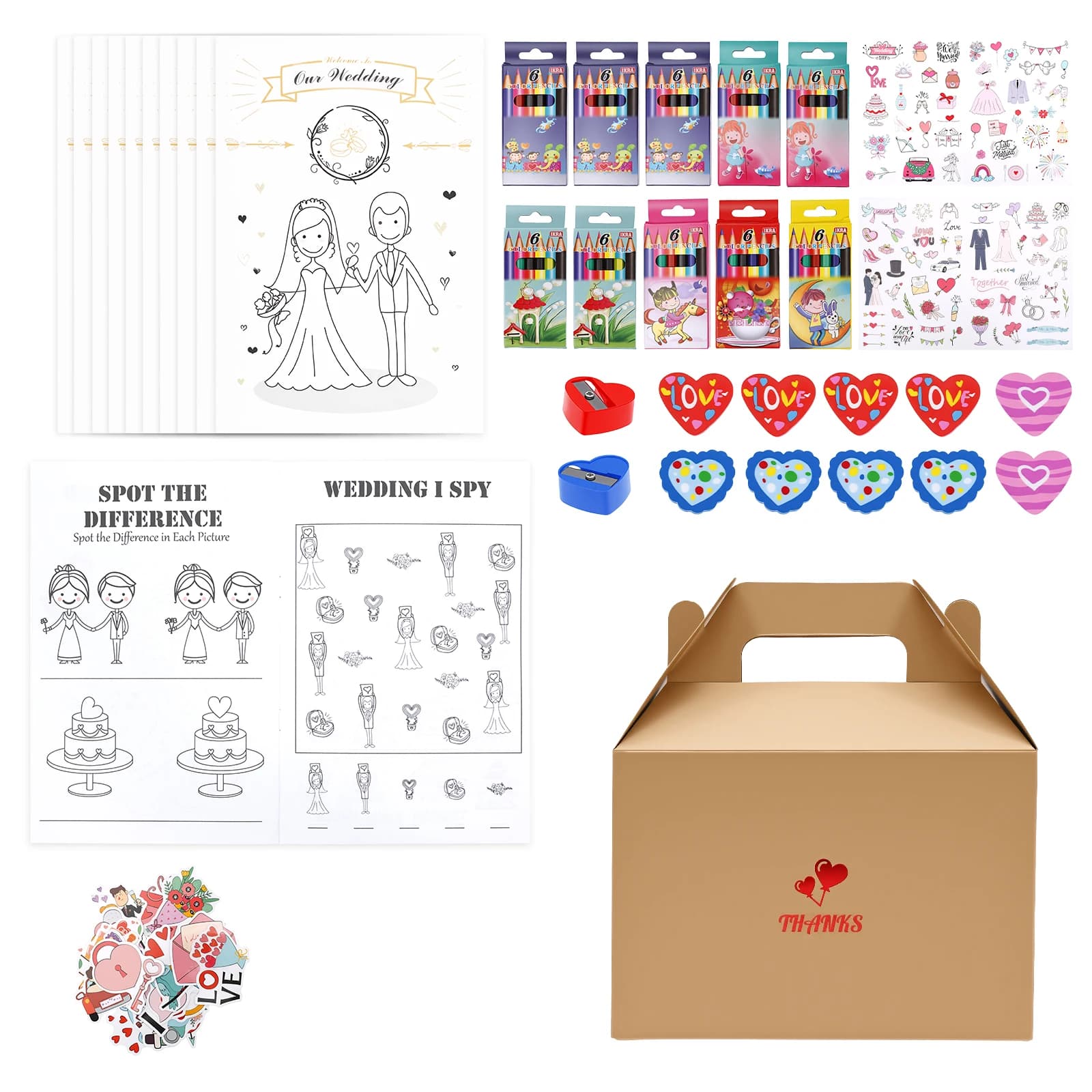 10 Pack Wedding Coloring Activity Kit with 6 Color Pencil Sticker and Box Wedding Coloring Book Fun Activity for Young Guest