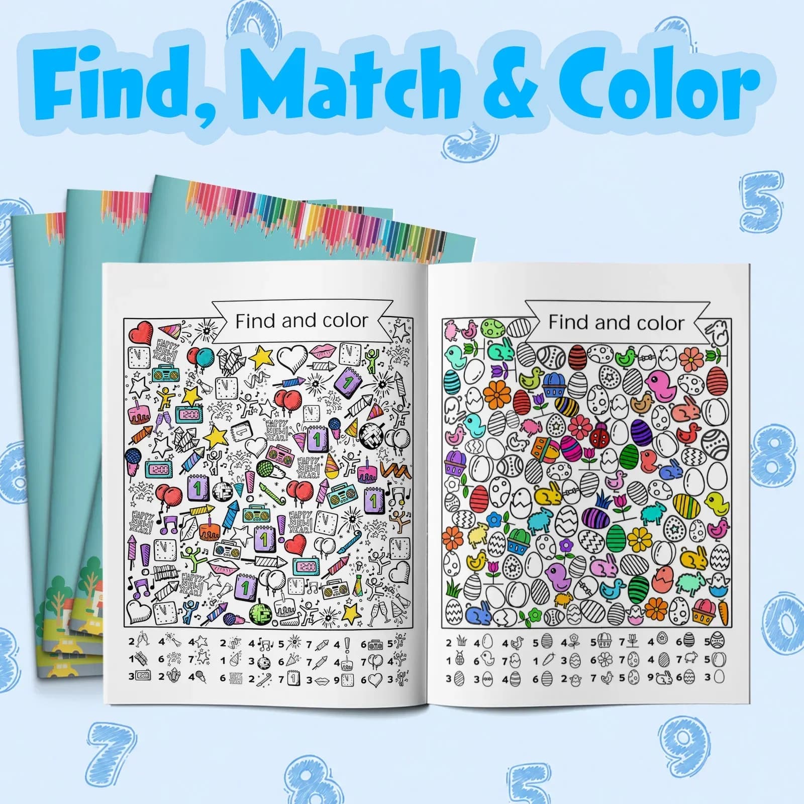 3-Book Kids' English Early Learning Activity Book Set, Find-and-Color Hidden Picture Puzzles, Word-to-Picture Matching