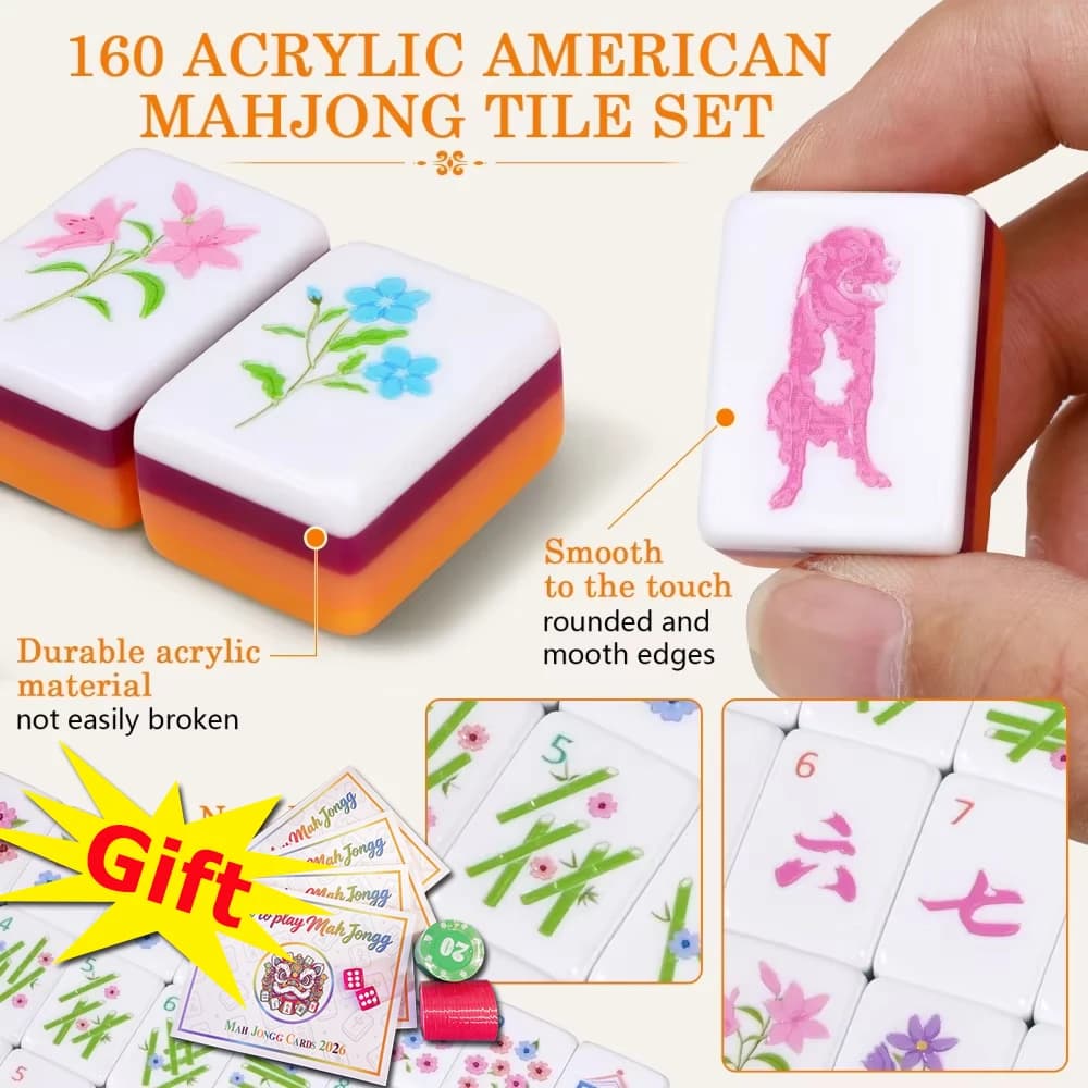 Four Layer Custom Acrylic Luxury Mahjong Game Set Bright Orange Engraved American Mahjong Tiles Travel Mah Jongg Sets for Adults