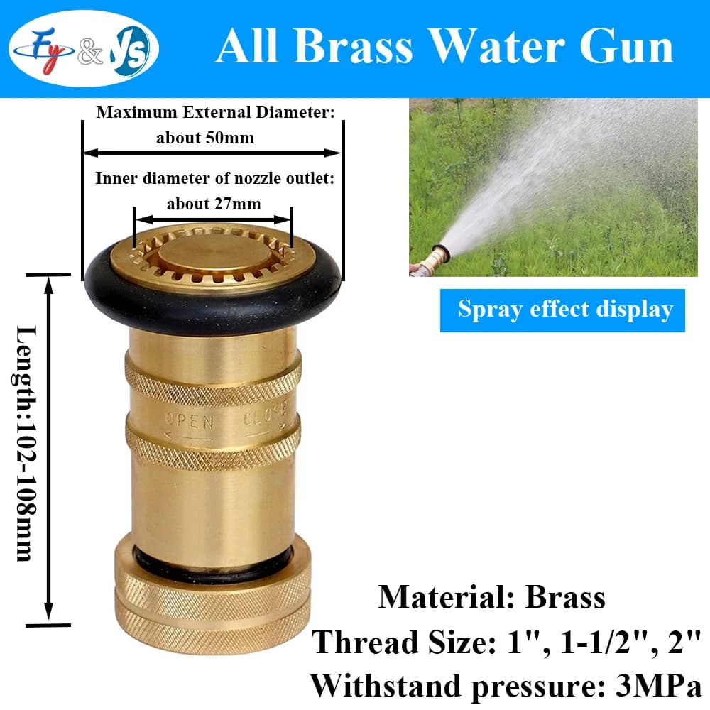 All Brass Adjustable High Pressure Water Gun, 1" 1.5" Garden Hose Nozzle, Fire Fighting Spray Nozzle for Car Washing, Irrigation