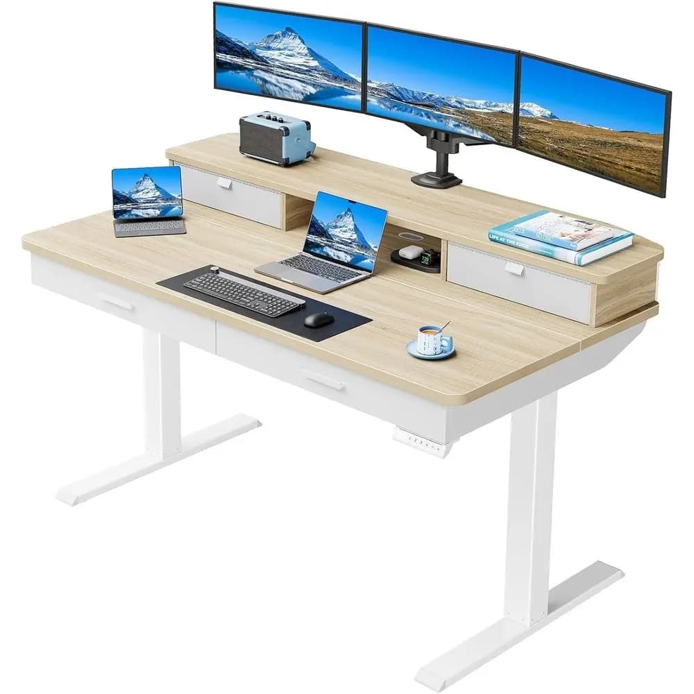 Scrivania regolabile in altezza 30 x 55 con piano in legno a due livelli e supporto per monitor