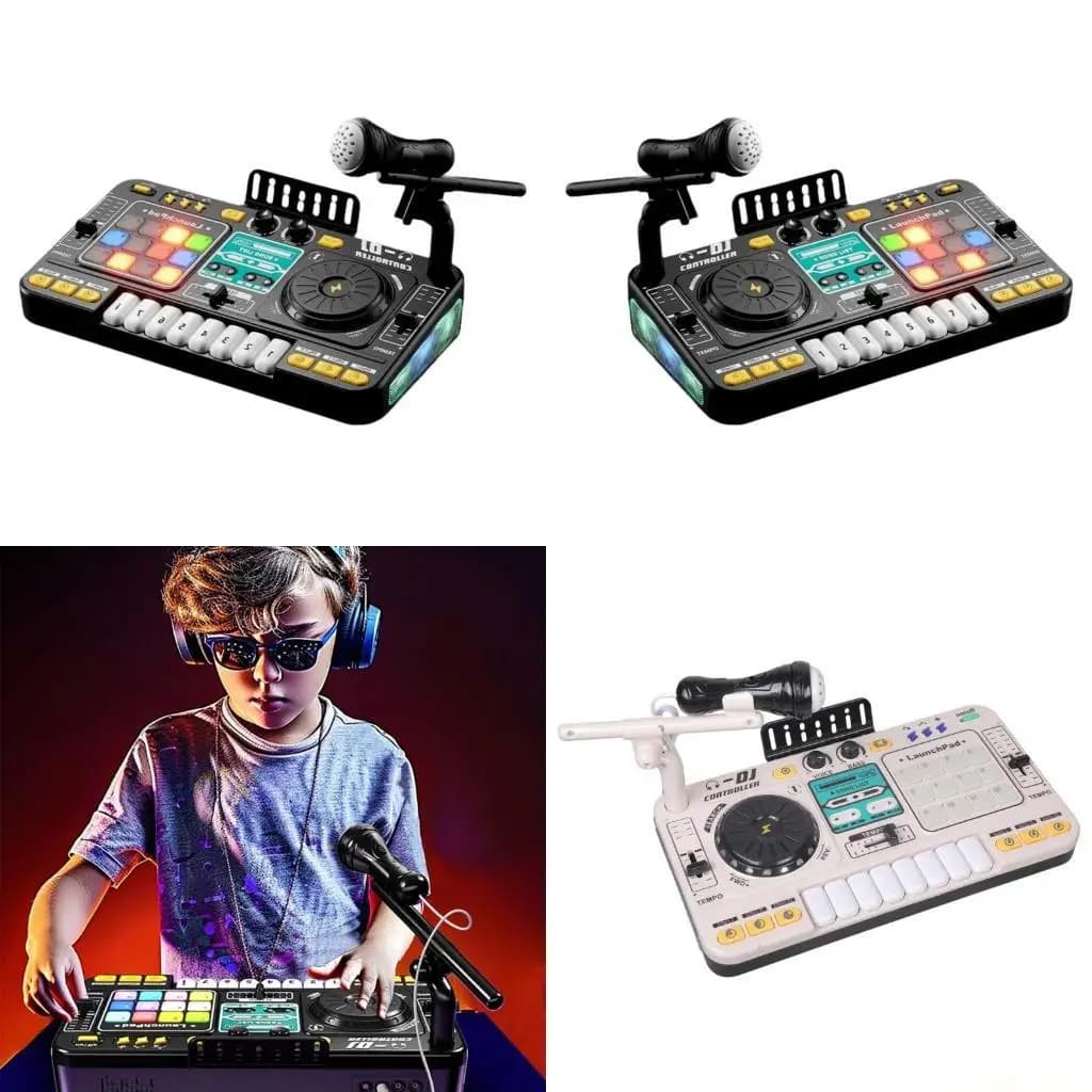 E56B Macchine musicali DJ multifunzione ricaricabili per bambini Design realistico del mixer con microfoni karaoke e gioco