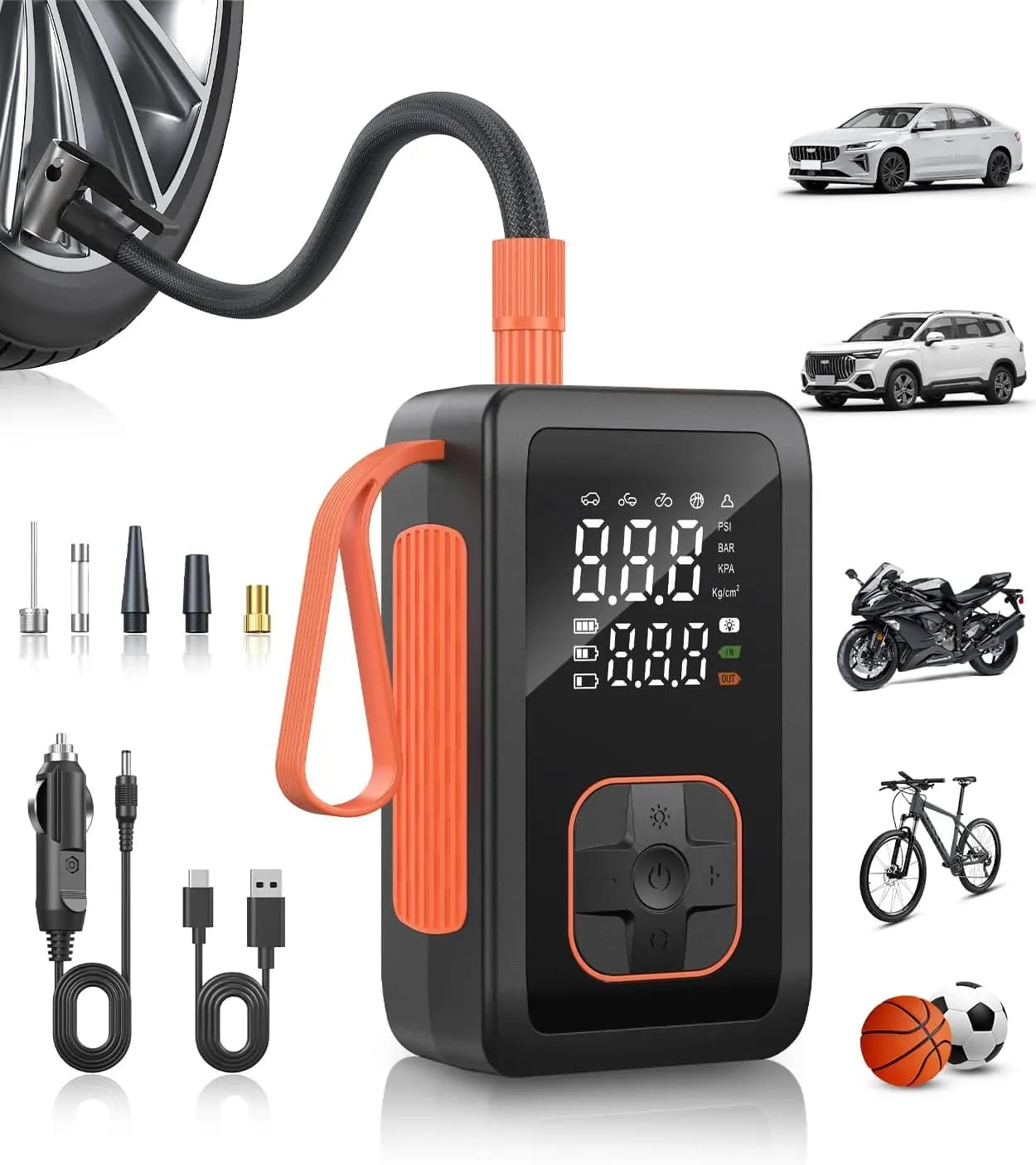 Compressore d'aria portatile senza fili, gonfiatore rapido da 150 PSI per pneumatici auto con luce LED, adatto per moto, biciclette e palloni