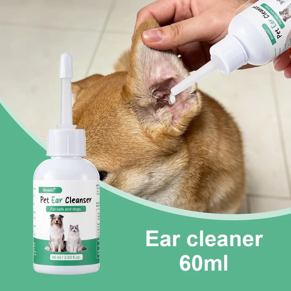 Gocce Auricolari per Animali Domestici 60ml con Punta Ultra-Morbida per Cani e Gatti - Delicato Rimuovi Cerume, Deodorante e Lenitivo per l'Igiene delle Orecchie