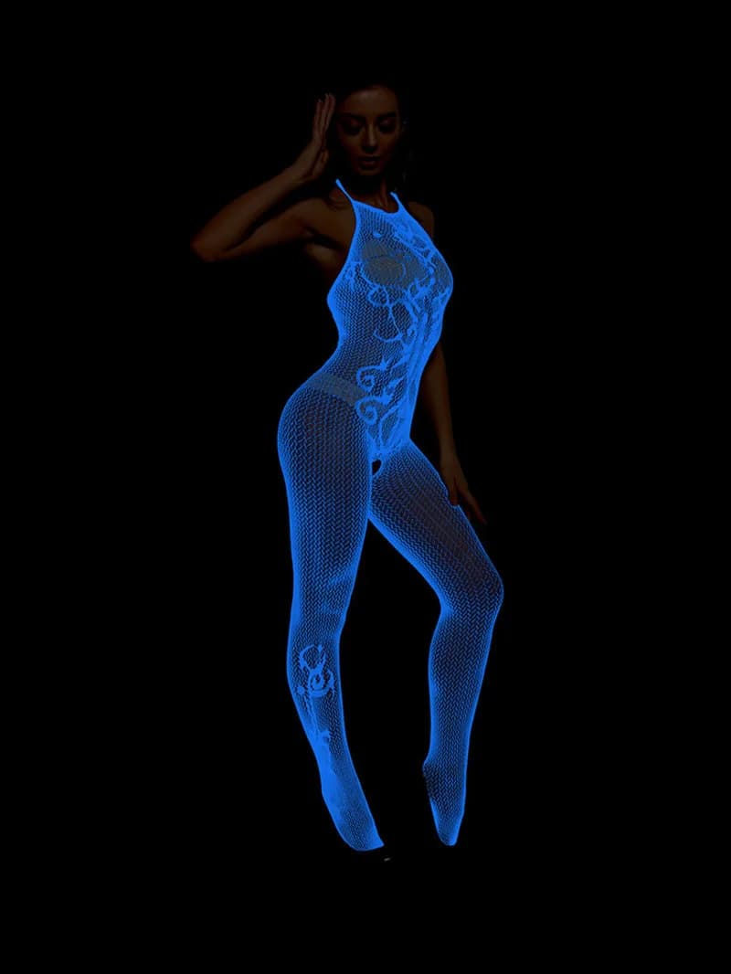 Puro desiderio Fiore Stampa Rete da pesca sexy Tute a rete Sottile Backless Appeso al collo Tute senza maniche Giocoso Affascinante J12C