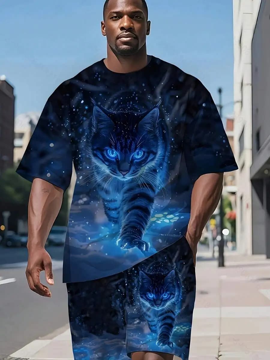 Set di t-shirt oversize e pantaloncini da uomo con stampa gatto blu, streetwear, abbigliamento sportivo casual