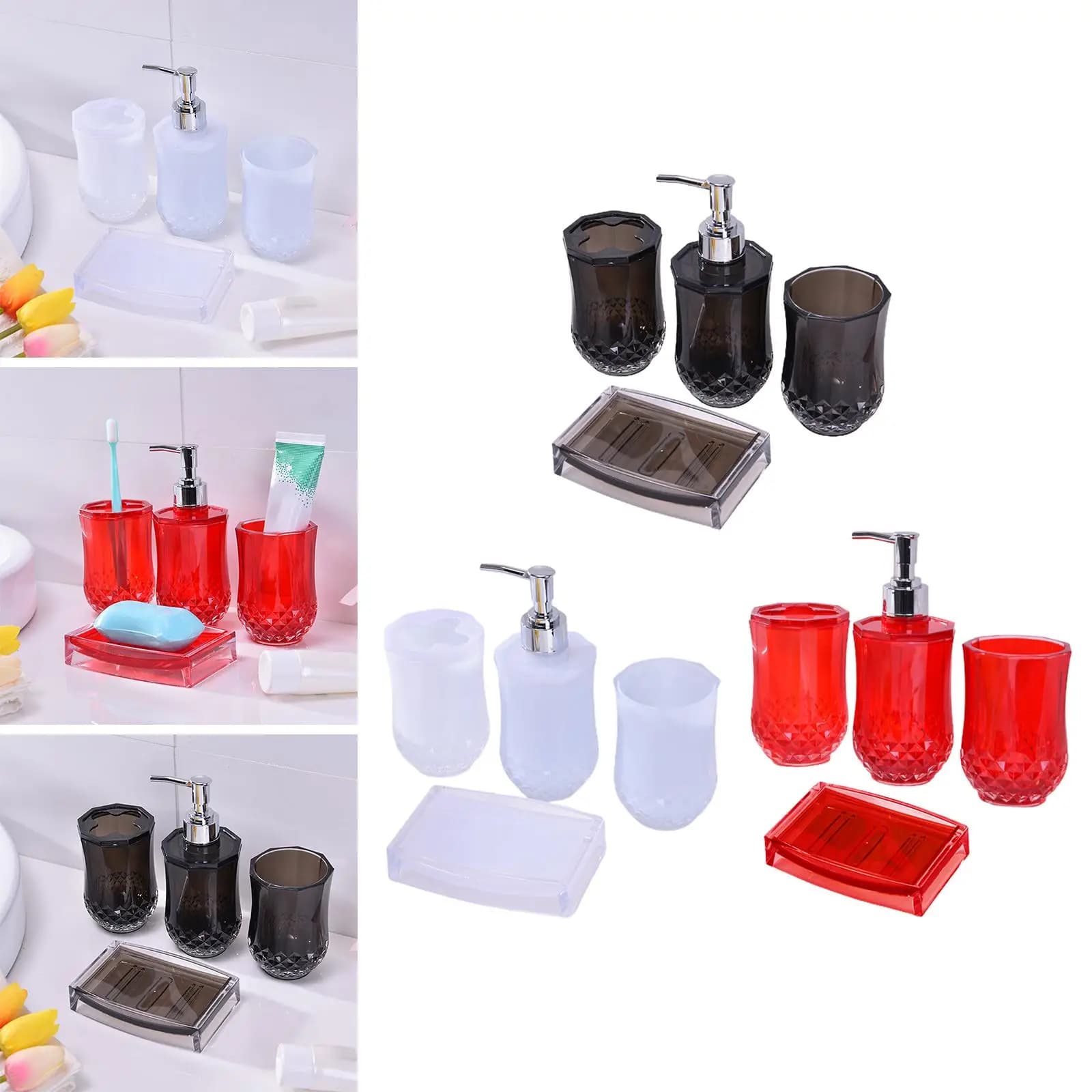 Set di elementi essenziali per il bagno moderno: elegante portasapone, dispenser per lozioni, bicchiere, portaspazzolino