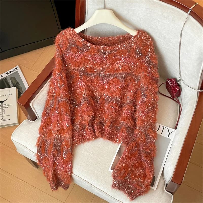 Maglione Peloso Glitterato Pullover da Donna Maglieria Autunno Inverno 2026 Nuovo Stile Morbido Aderente Profumato Manica Lunga Lavorato a Maglia