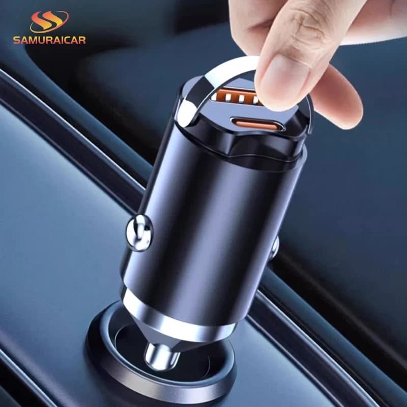 Mini Car Charger 30 W, Quick Charging, USB Type C, Double Door, Invisible Metal Charger for Xiaomi Samsung Huawei