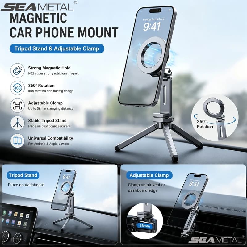 SEAMETAL 360° Rotatable Magnetic Car Phone Holder with Tripod Stand Adjustable Clamp Strong Magnetic Universal Phone Stand