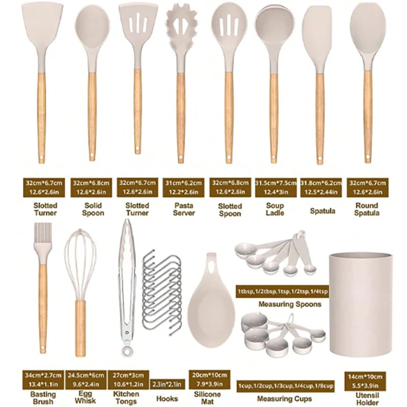 Silicone Kitchen Utensils Set 33Pcs Wooden Handle Non-Stick Cookware Spatula Ladle Measuring Cups Spoons with Storage Bucket