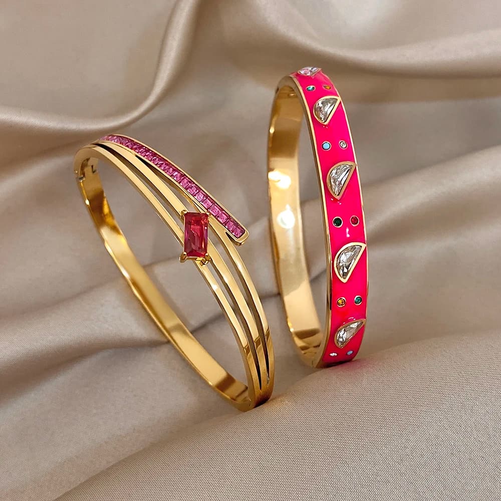 Bracciale Aperto da Donna Greatera con Zirconi Rosa e Diamanti, Design Semicircolare a Goccia d'Olio, Stile Personalizzato