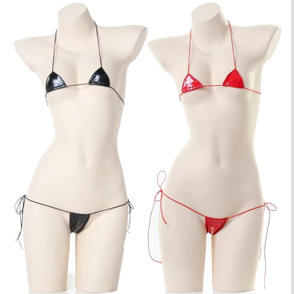 Micro sexy bikini in leather with PU laces underwear lingerie swimsuit bikini with low waist set beach swimsuits