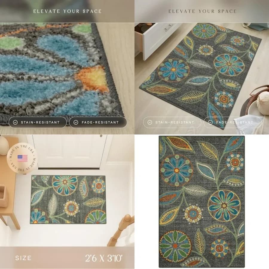 Reggie Floral Kitchen Rug - Made in USA - Washable, Non Slip Indoor Carpet for Entryway, Foyer, Kitchen, and Bathroom, 6 3'10