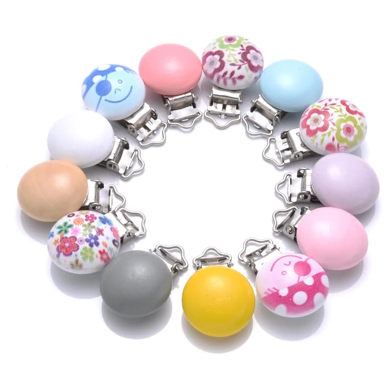 5 pz 30mm stampa colorata clip ciuccio in legno supporti rotondi in legno metallo per bambino catena ciuccio fai da te fermagli succhietto