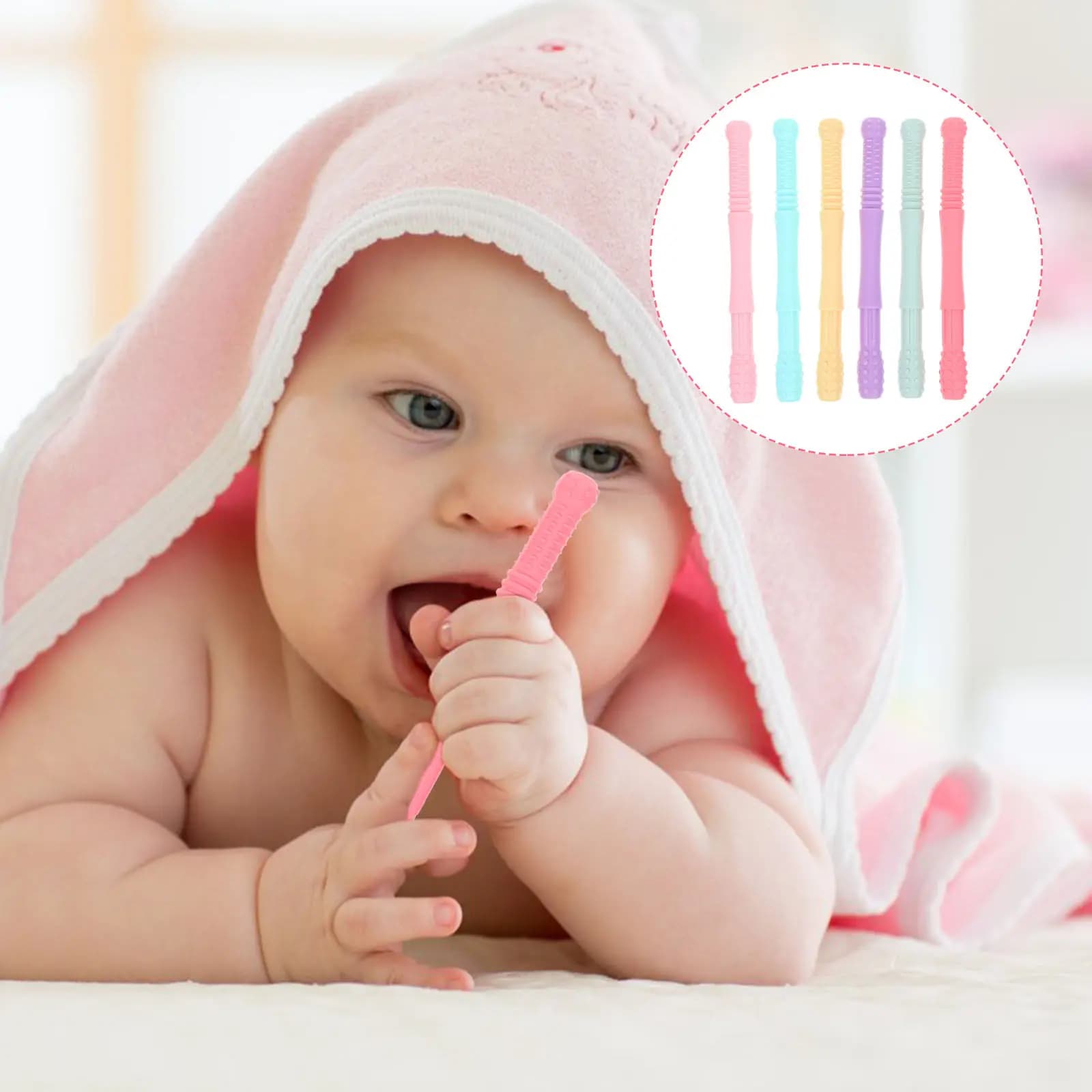 Set di 6 Massaggiagengive in Silicone, Bastoncini Sensoriali per la Dentizione, Tubi da Masticare per Neonati, Giocattoli per Alleviare il Dolore delle Gengive