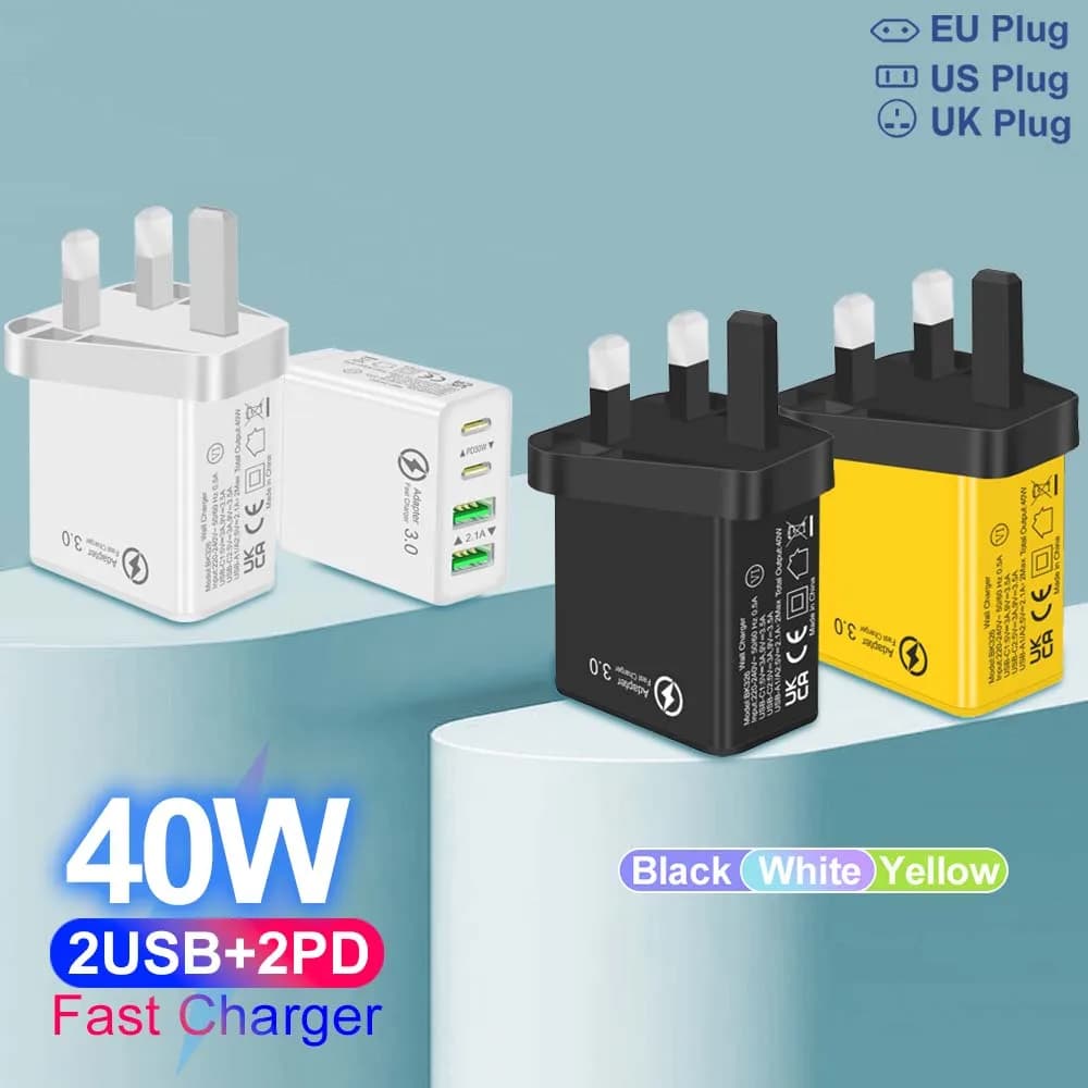 Caricatore USB da 40 W Adattatore per caricabatterie per telefono cellulare QC3.0 a ricarica rapida a 4 porte per caricabatterie mobile da parete per iPhone Samsung Xiaomi con spina UE/USA