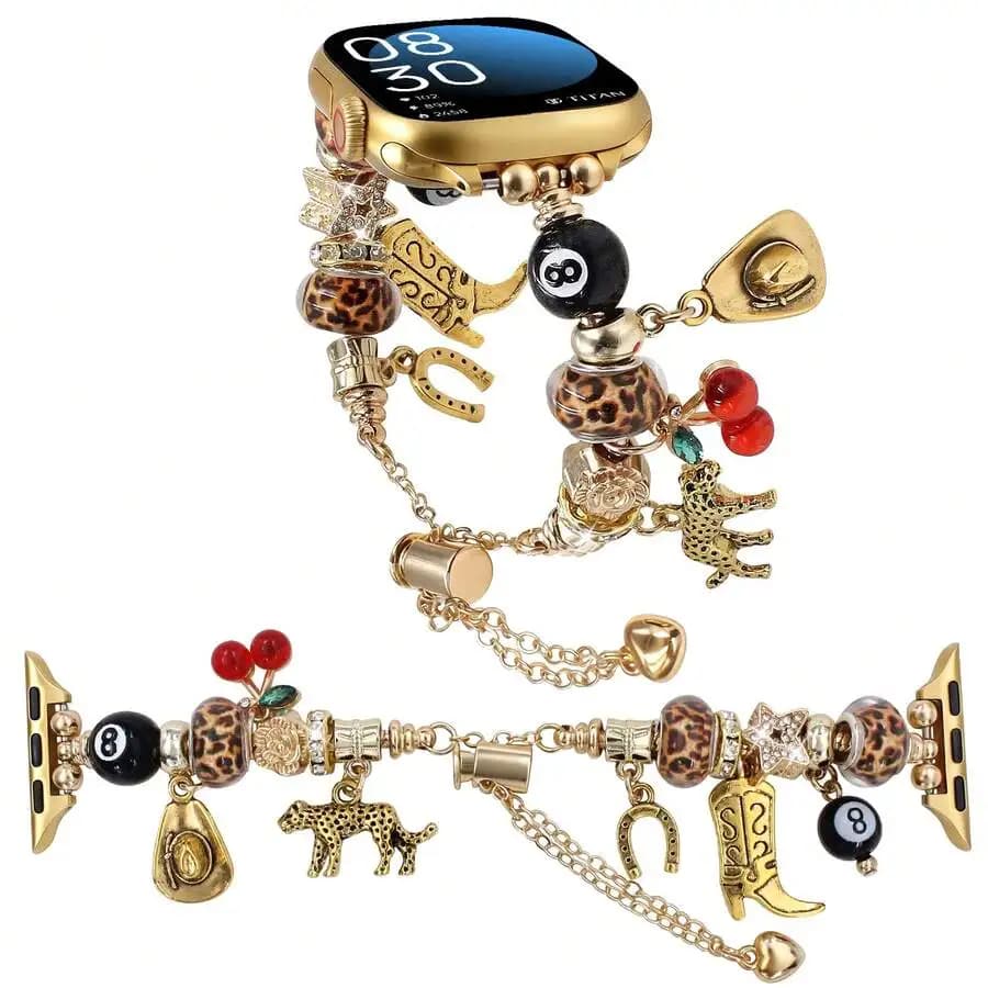 1pc Gold Leopard Print Cherry Boot Charm Bracelet Compatible With Apple Watch, Adjustable Vintage Music Festival Style Leopard