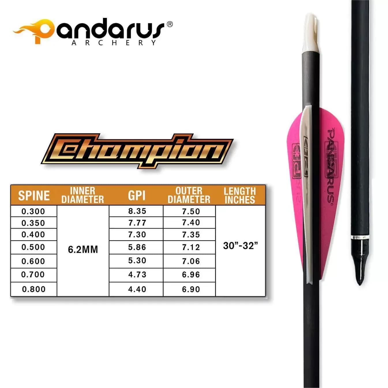 Set di 6/12 Frecce Pandarus Champion in Carbonio Puro, Asta ID 6.2mm, Spine 300 350 400 500 600 700 800 per Tiro con l'Arco e Caccia