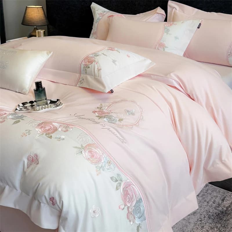 100% cotton brushed luxury bedding set, shade cover set with embroidery pink flowers, sheet/sheet with corners, with pillowcase, 4 pieces