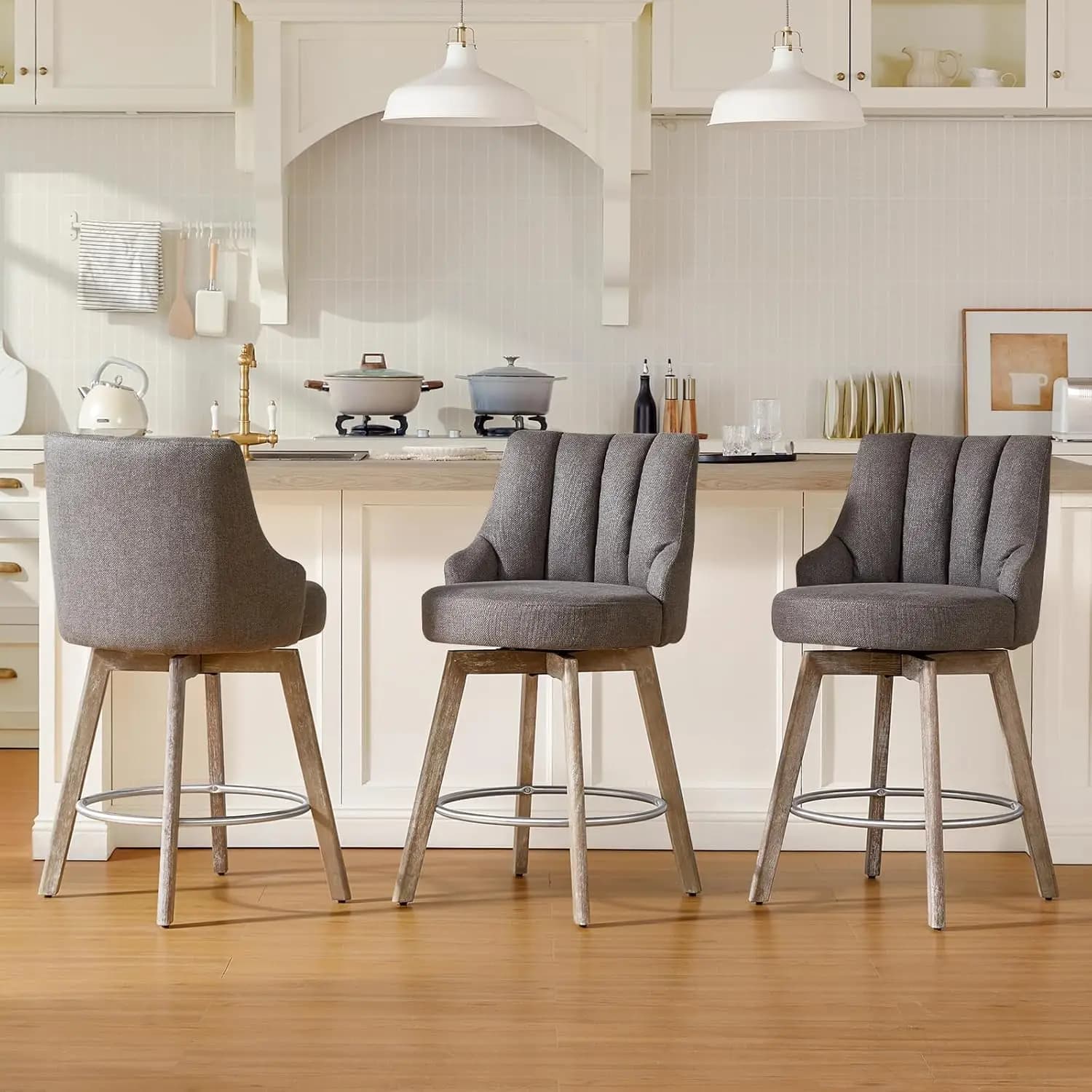 Sgabelli da Bar Girevoli Altezza Bancone, Sgabelli da Bar con Schienale, Set di 3 Sgabelli da Bar Grigio, Gambe in Legno Massello da 26'', Lino, Personalizzabili