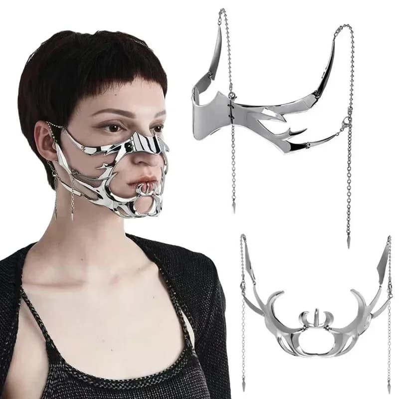 Mezza maschera meccanica per il mento in metallo Maschera Cyberpunk Catena per il viso Gioielli per il viso di Halloween