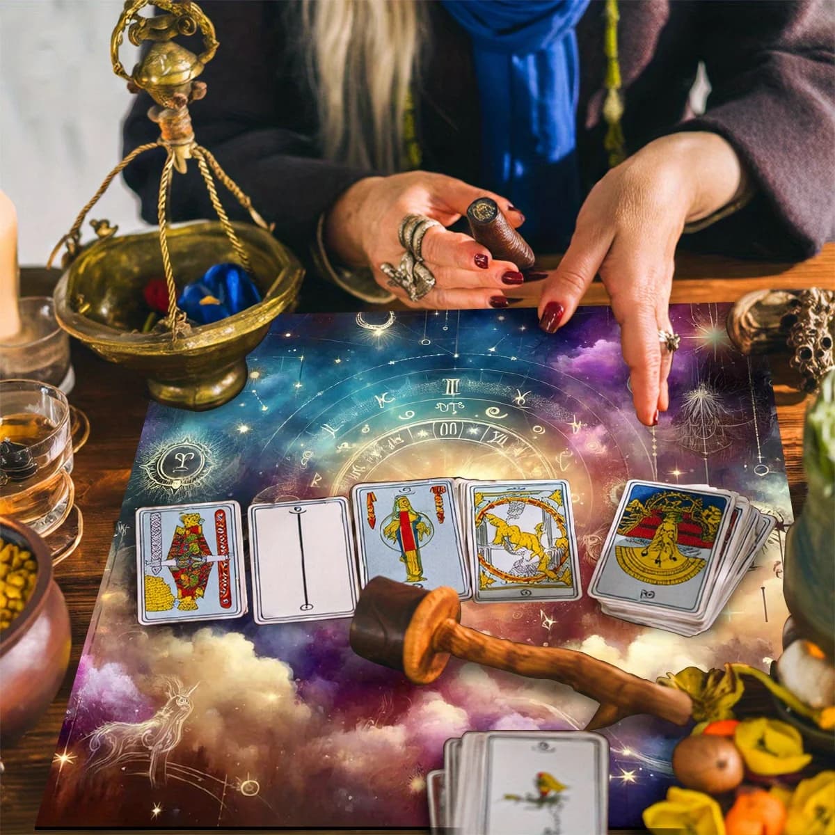 1 tappetino per tarocchi mistici con simboli zodiacali e stampa cielo stellato – Tappetino per asciugare i piatti in poliestere per astrologia, divinazione