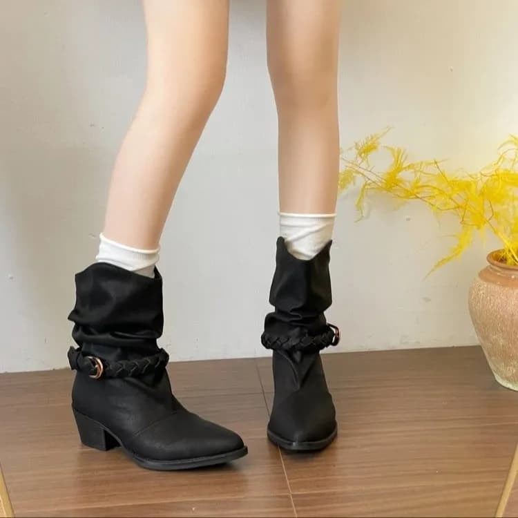 Retro Woven Belt Buckle Mid-calf Biker Boots for Women 2026 Autumn New Chunky Heel Pointed Toe Stackable Fashion Boots