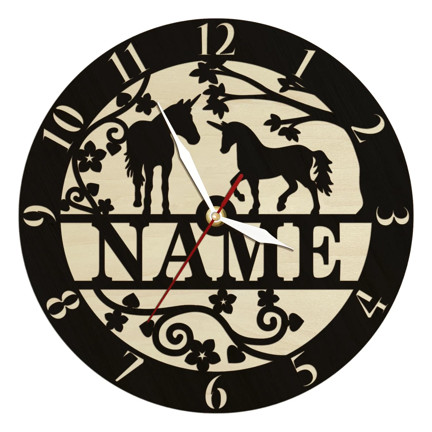 Wooden wall clock with unicorn name for girl's room, custom wall art for kindergarten, decoration watch for fantasy theme house, custom clock with magic horse