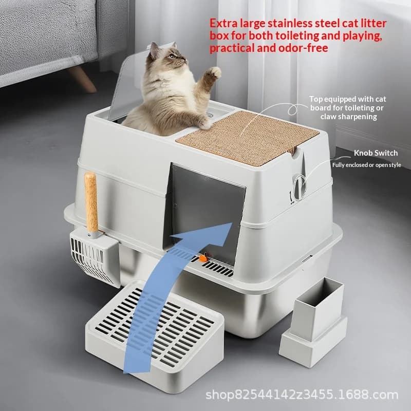 Lettiera per Gatti Extra Large Completamente Chiusa in Acciaio Inossidabile, Toilette Anti-Schizzo con Ingresso Frontale e Uscita Superiore per Gatti da Interno