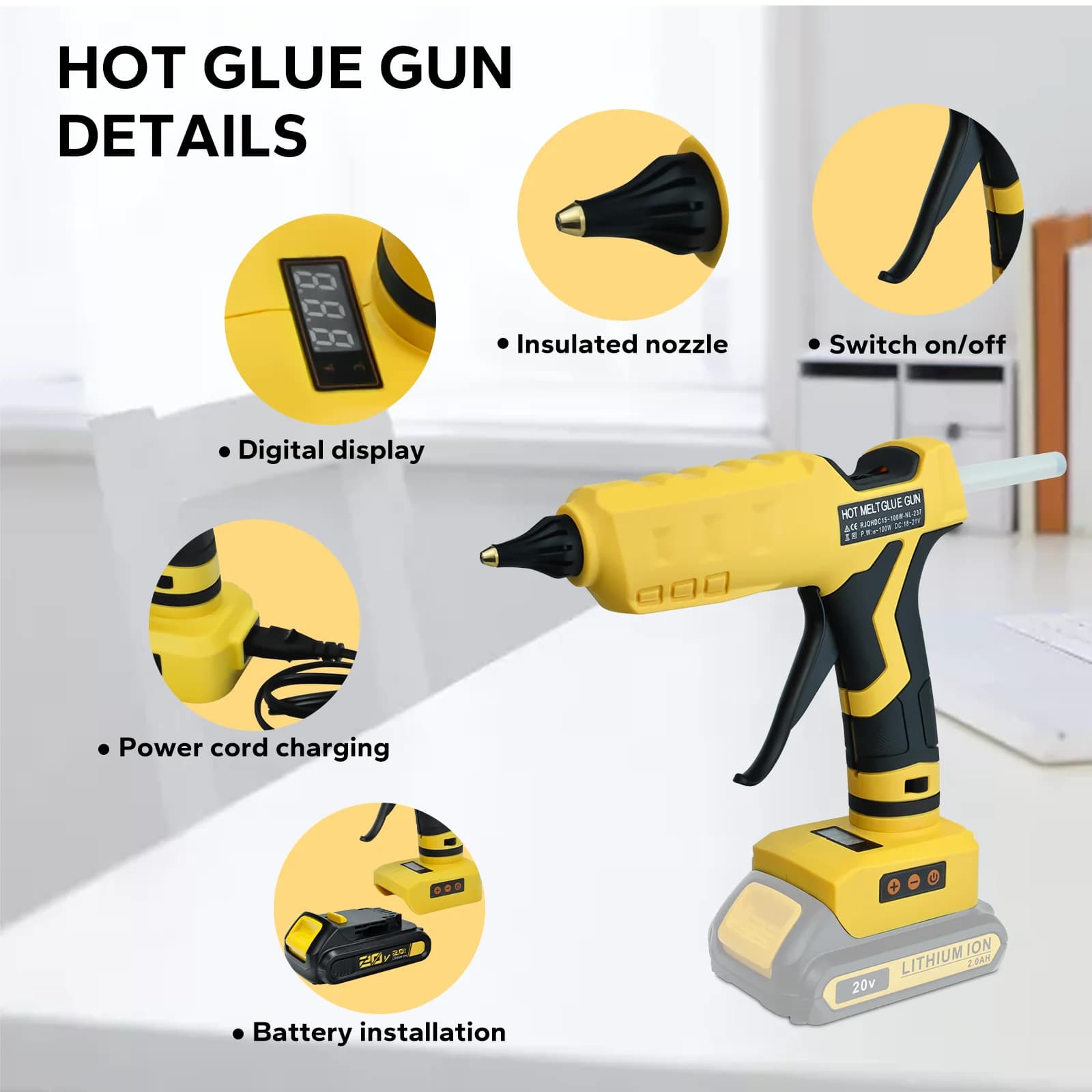 Rechargeable 100W Hot Melt Glue Gun Cordless Portable Electric Welding Tool with 10pcs Glue Sticks Set For Dewalt 20V Battery