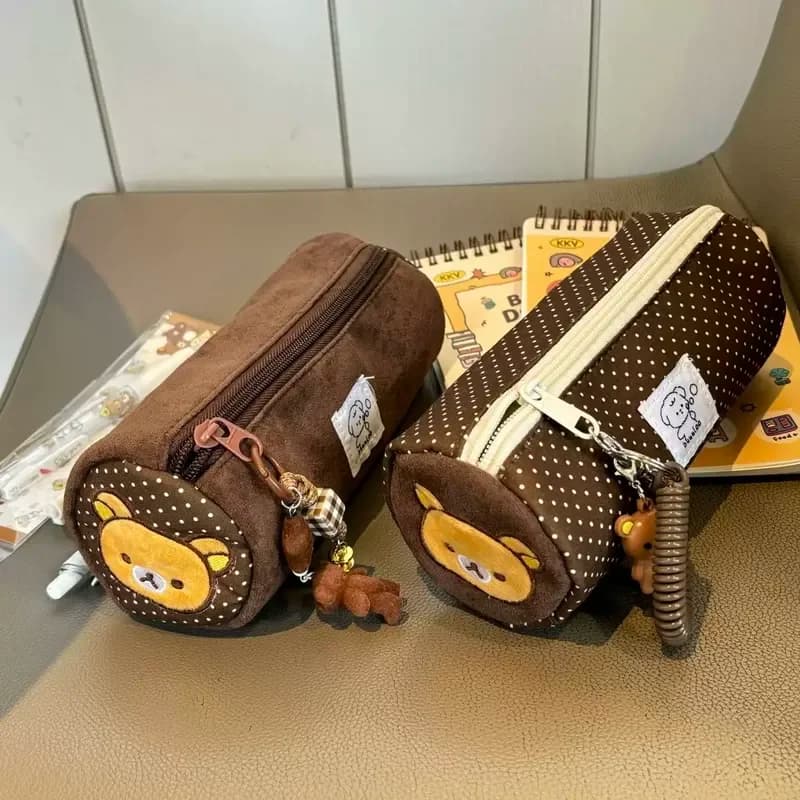 Embroidery Rilakkuma Cylinder Pen Bag Cartoon Large Capacity Stationery Box Student Ruler Storage Bag Periphery Portable Gifts
