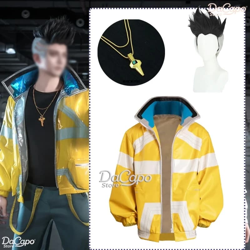 cyber2077 Punk David's Jacket David Cosplay Costume Wig Anime Game Martinez Roelapy Dee Davey Mens Yellow Pu Jacket Necklace