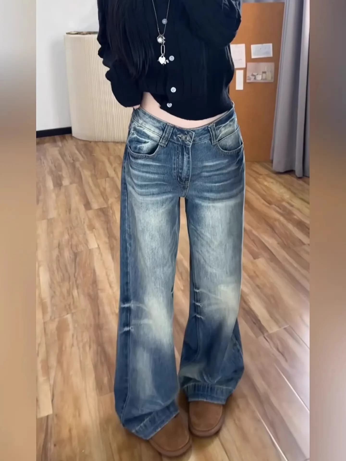 Jeans a Vita Bassa e Gamba Larga per Donna, Nuovo Stile Primaverile Americano, Pantaloni Trendy Larghi e Drappeggiati a Tutta Lunghezza