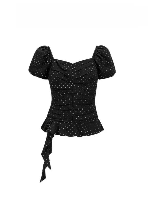 Black Polka Dot Bubble Sleeve Shirt Women's Slim Fit Youthful Casual Style Blouse with Ruffle Hem Lineage Reduction Top