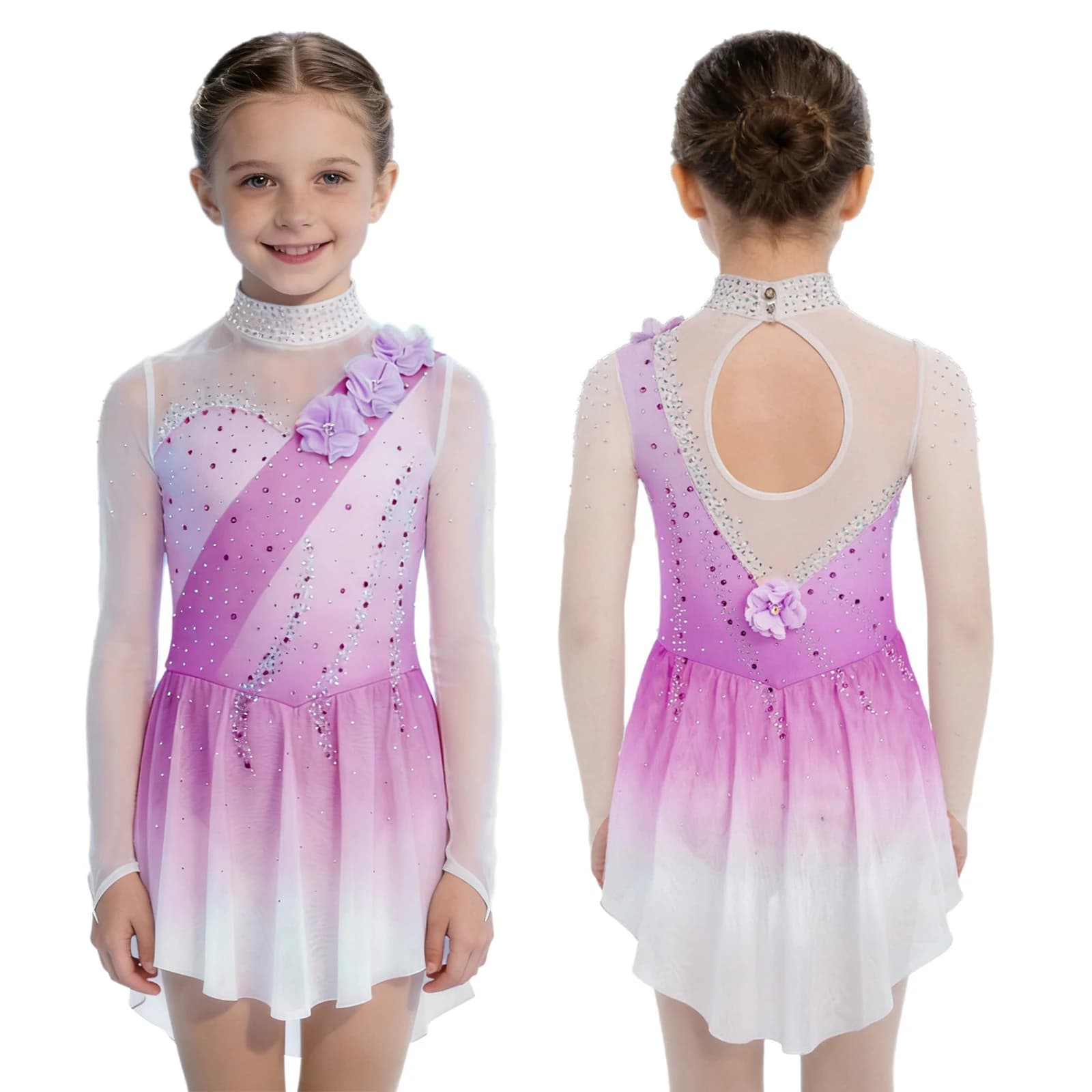 Vestito da competizione di pattinaggio di figura per ragazze, maniche lunghe, fiori 3D, maglia trasparente, ginnastica, balletto, danza, vestito da ballerina