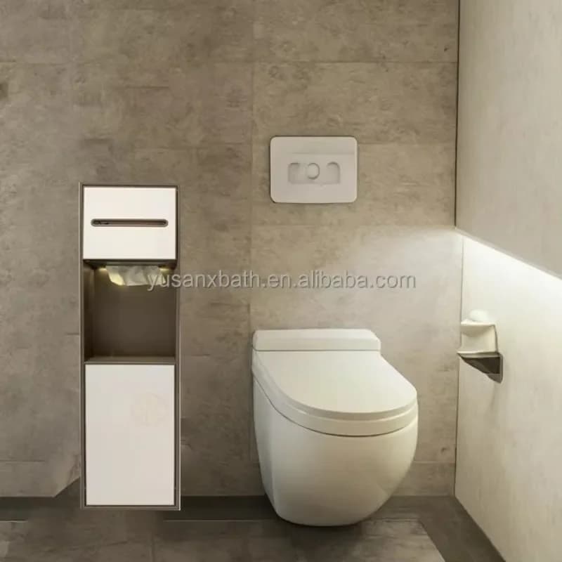 Cestino per Carta Igienica in Acciaio Inox 304 da Incasso a Parete Senza Bordo con Nicchia e Ripiano Nascosto con Luce LED