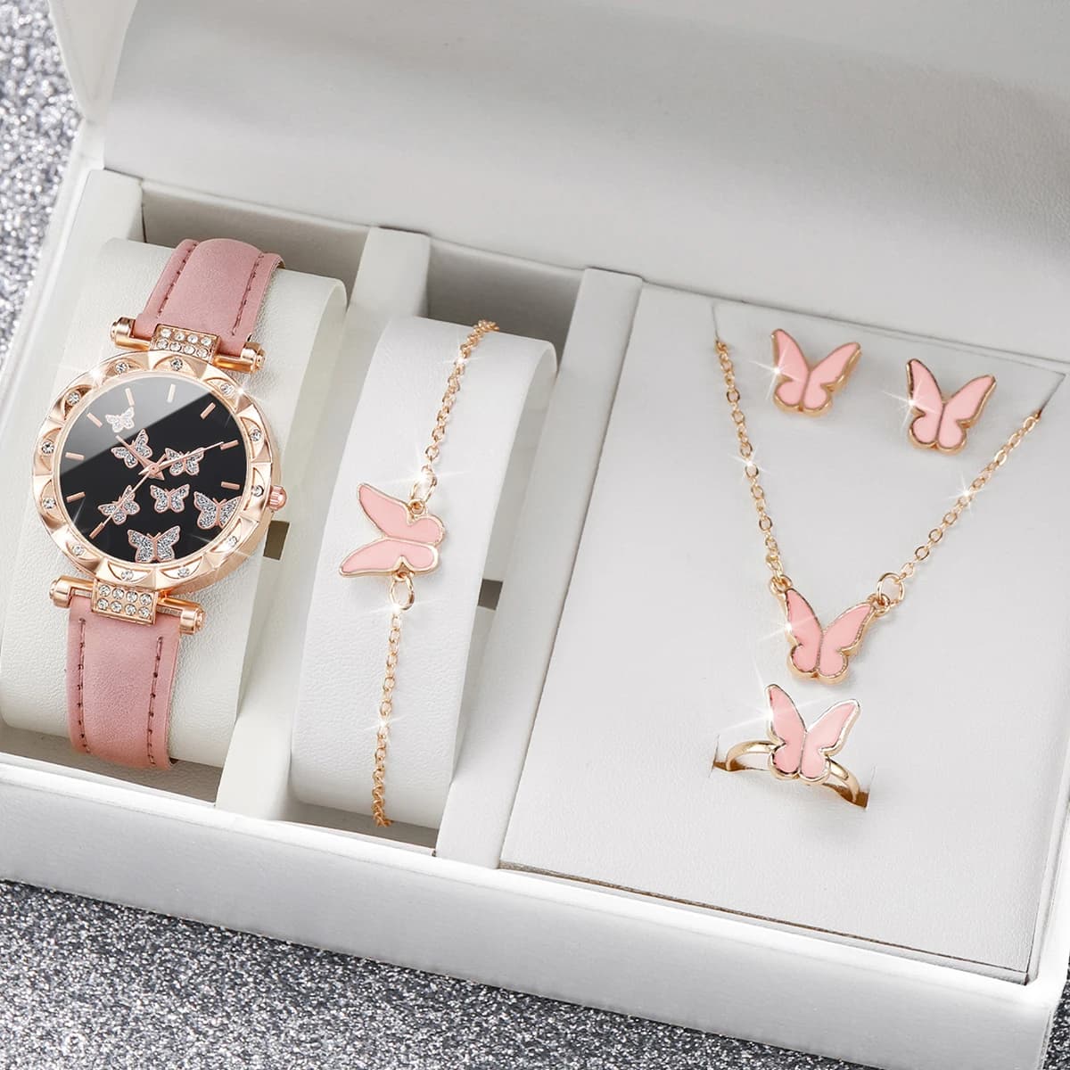 5 pz/set moda farfalla orologi da donna Set di gioielli orologio al quarzo con cinturino in pelle femminile con strass di lusso (senza scatola)