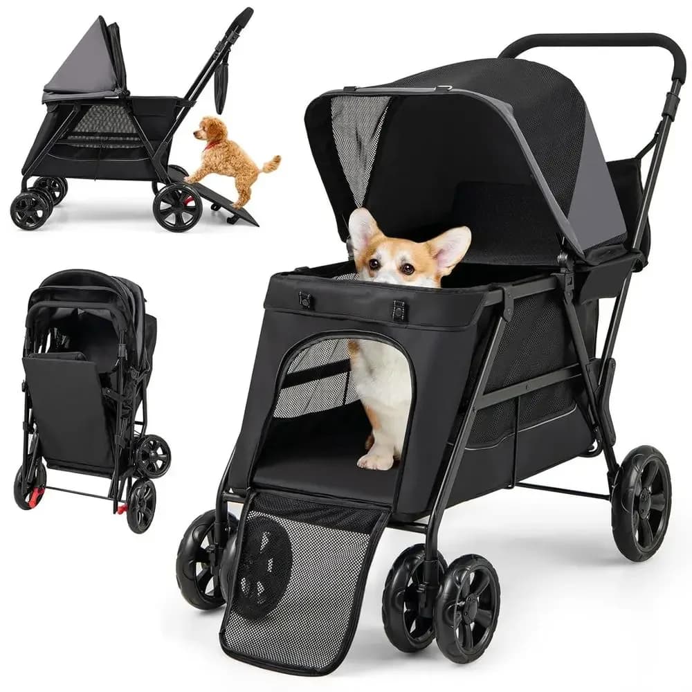 Low Entry Dog Stroller, Lockable & Shock-Absorbing Cat Stroller, Pet Travel Wagon for Small to Medium Senior Dogs, Black
