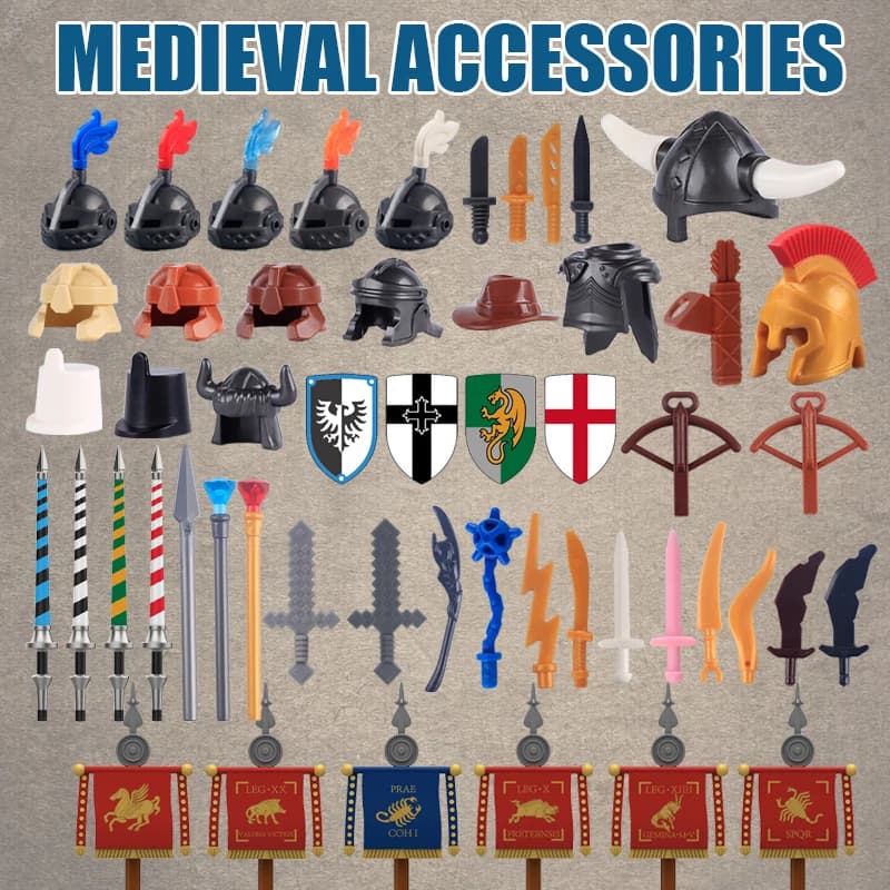 Castello medievale Cavalieri Accessori Blocchi di costruzione Bandiera romana Armatura militare Spada Arco Freccia Casco Scudo Guerriero Giocattoli in mattoni