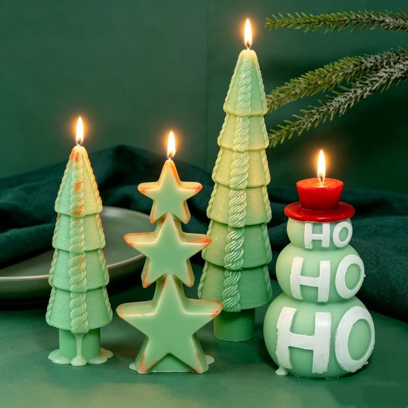 3D Christmas Tree & HO Snowman Silicone Candle Mold, Layered Star Hat Wax Mould for DIY Soap Resin Plaster Xmas Home Decor