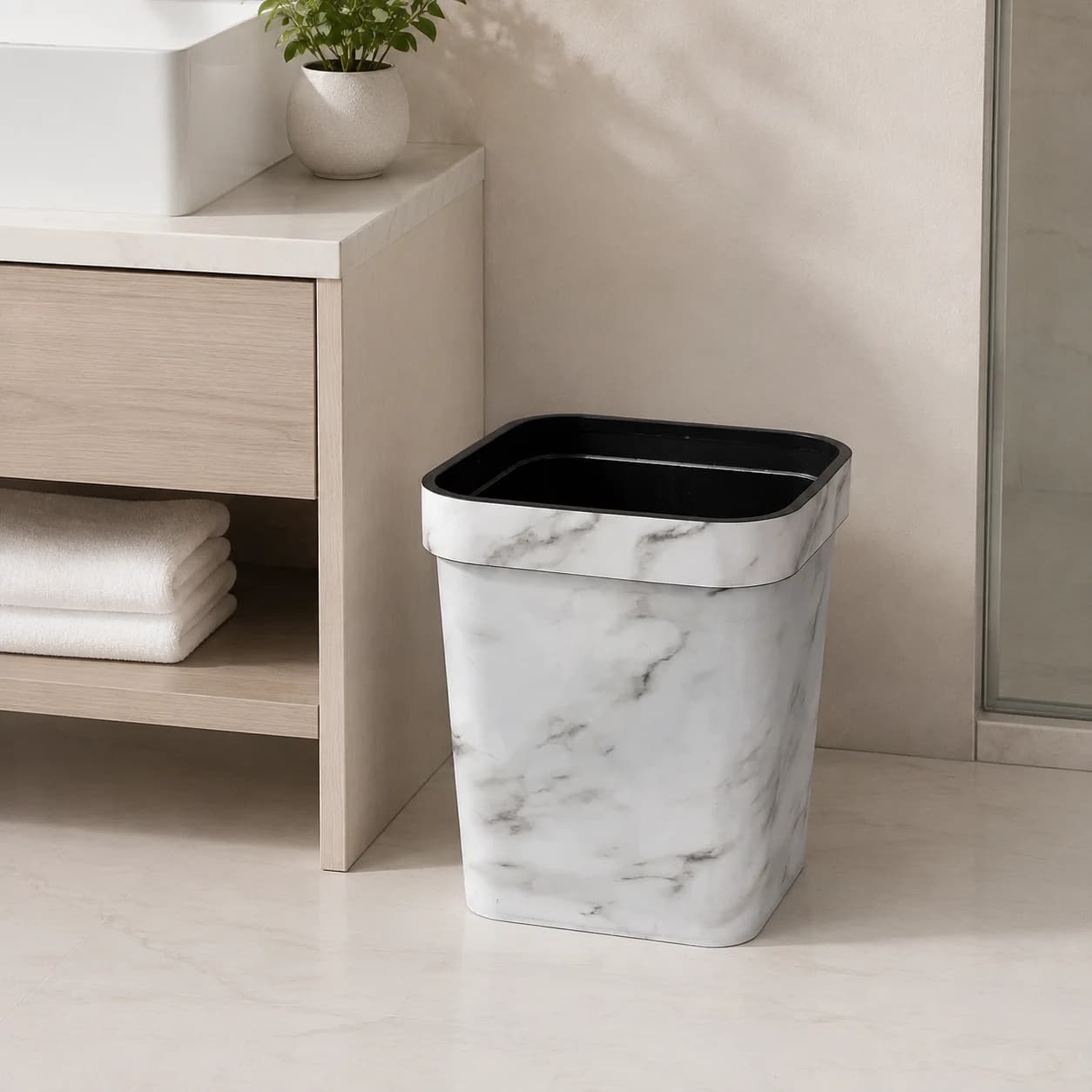 12L Decorative Marble Trash Bin, White Outer Black Inner Square Waste Container for Bathroom & Living Room