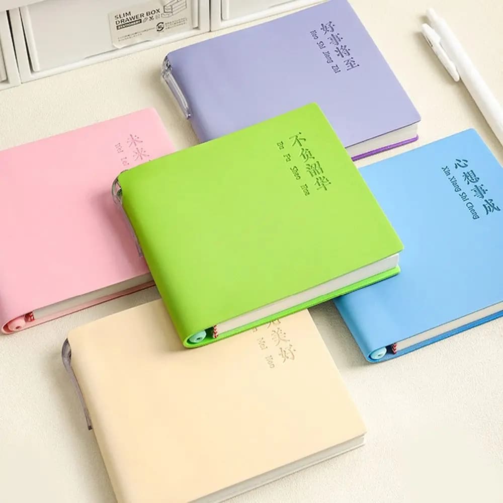 New PU Lined Notebook Lined Pages Lay Flat Binding Pocket Notebook Ribbon Bookmark with Gel Pen Memo Book Daily Journaling